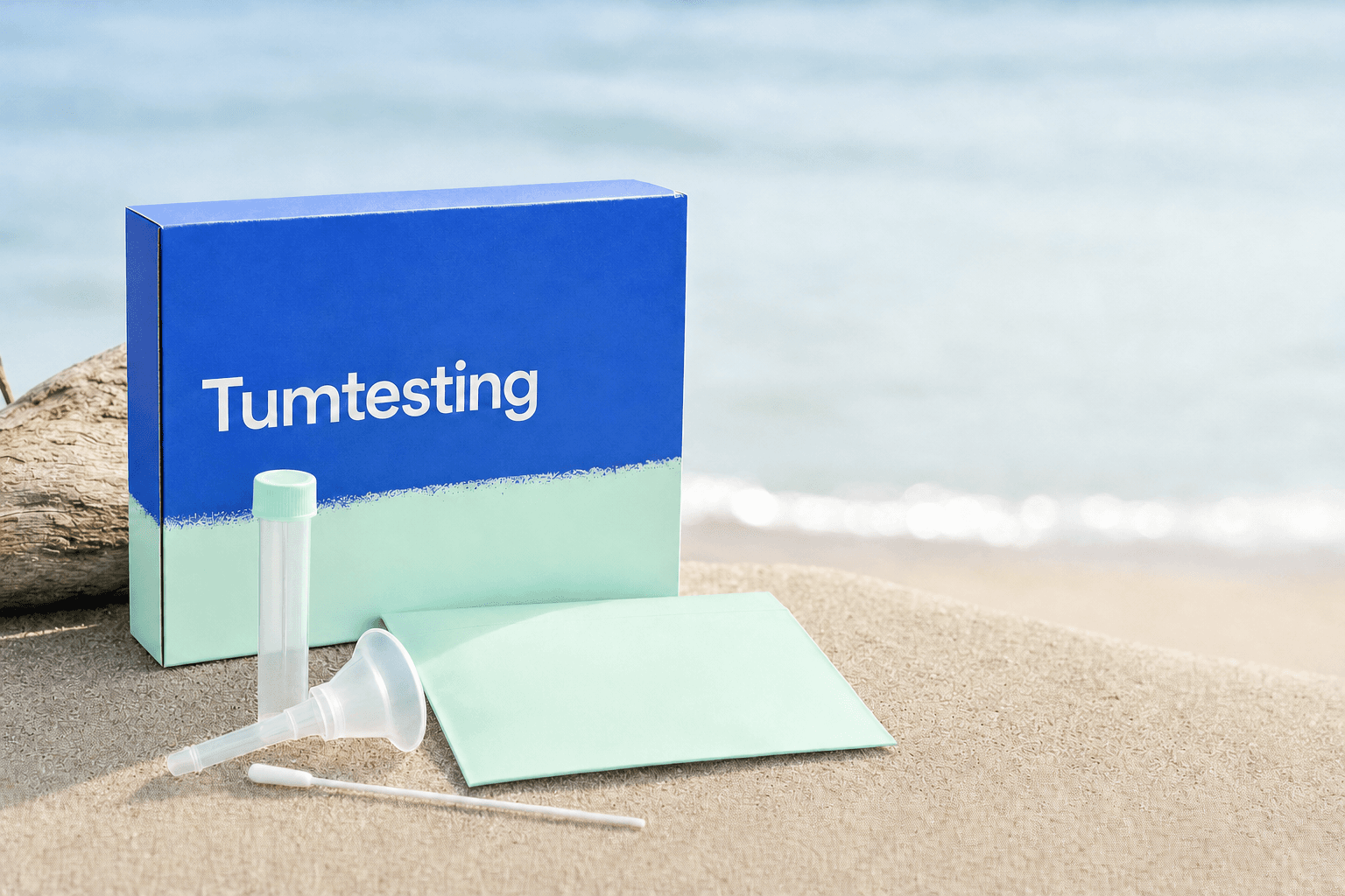 Tumtesting at-home testing kit beside the coast